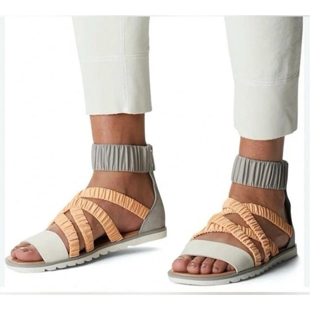 Sorel‎ Womens Shoes 6 1/2 Gray And Orange Ella II Ankle Strap Sandal Back Zip